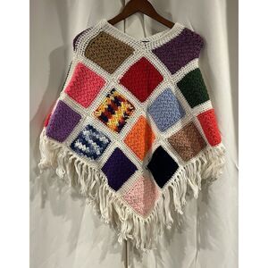 Handmade Crocheted Colorful Granny Square Hand Knit‎ Afghan Poncho